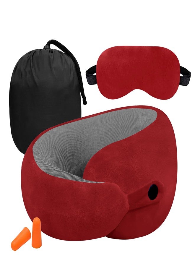 GREELI Premium Memory Foam Neck Pillow for Travel, Compact & Portable Airplane Travel Pillow Combo with Soft Eye Mask and Carry Bag. (RED) - Image 1